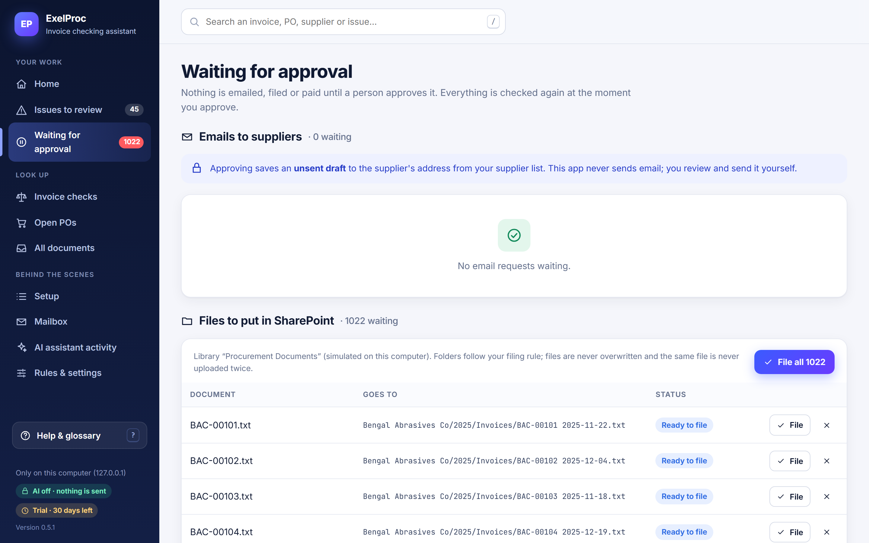 Waiting for approval: nothing is emailed, filed or paid until a person approves it. Approving saves an unsent draft; this app never sends email.