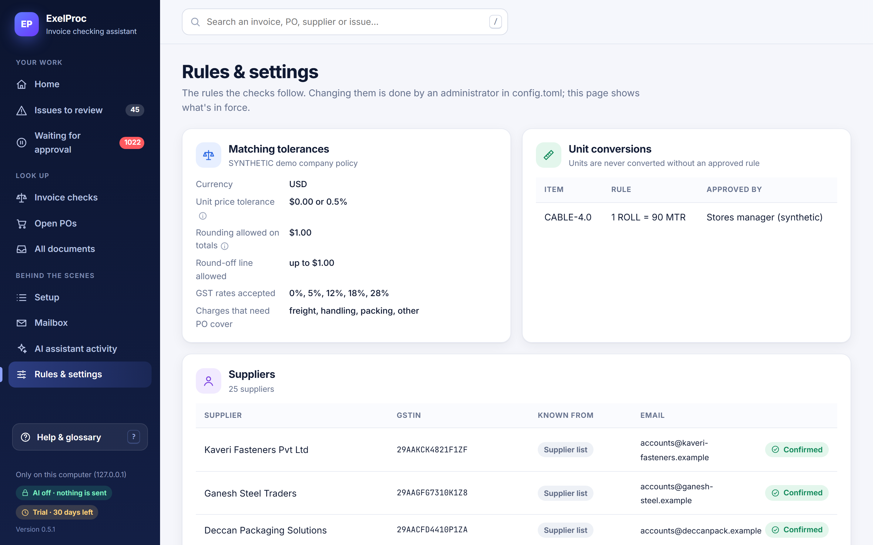 Rules and settings: matching tolerances, GST rates accepted, charges that need PO cover, and unit conversions with who approved them.