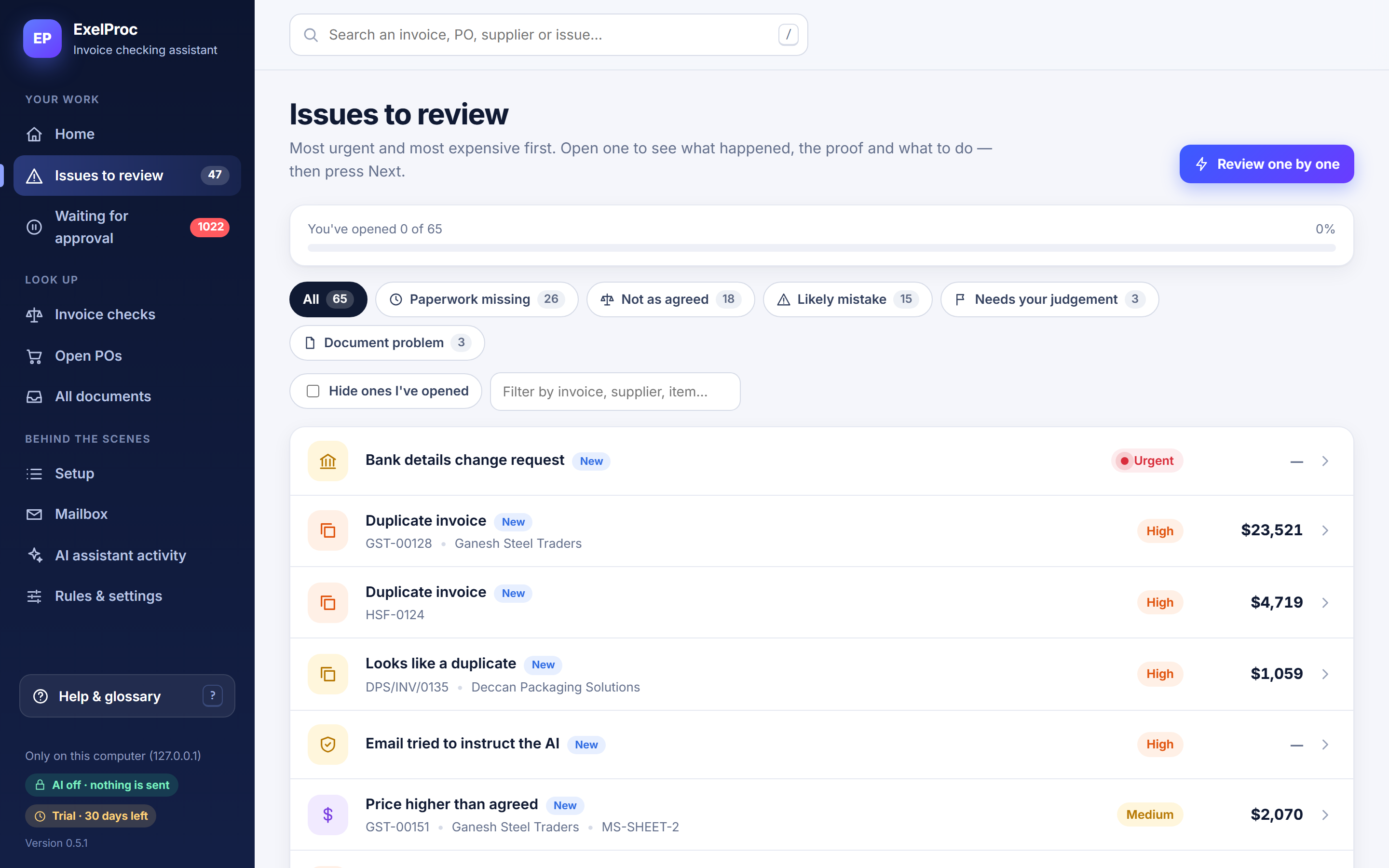 Issues to review with category filters and a list sorted by urgency and amount.