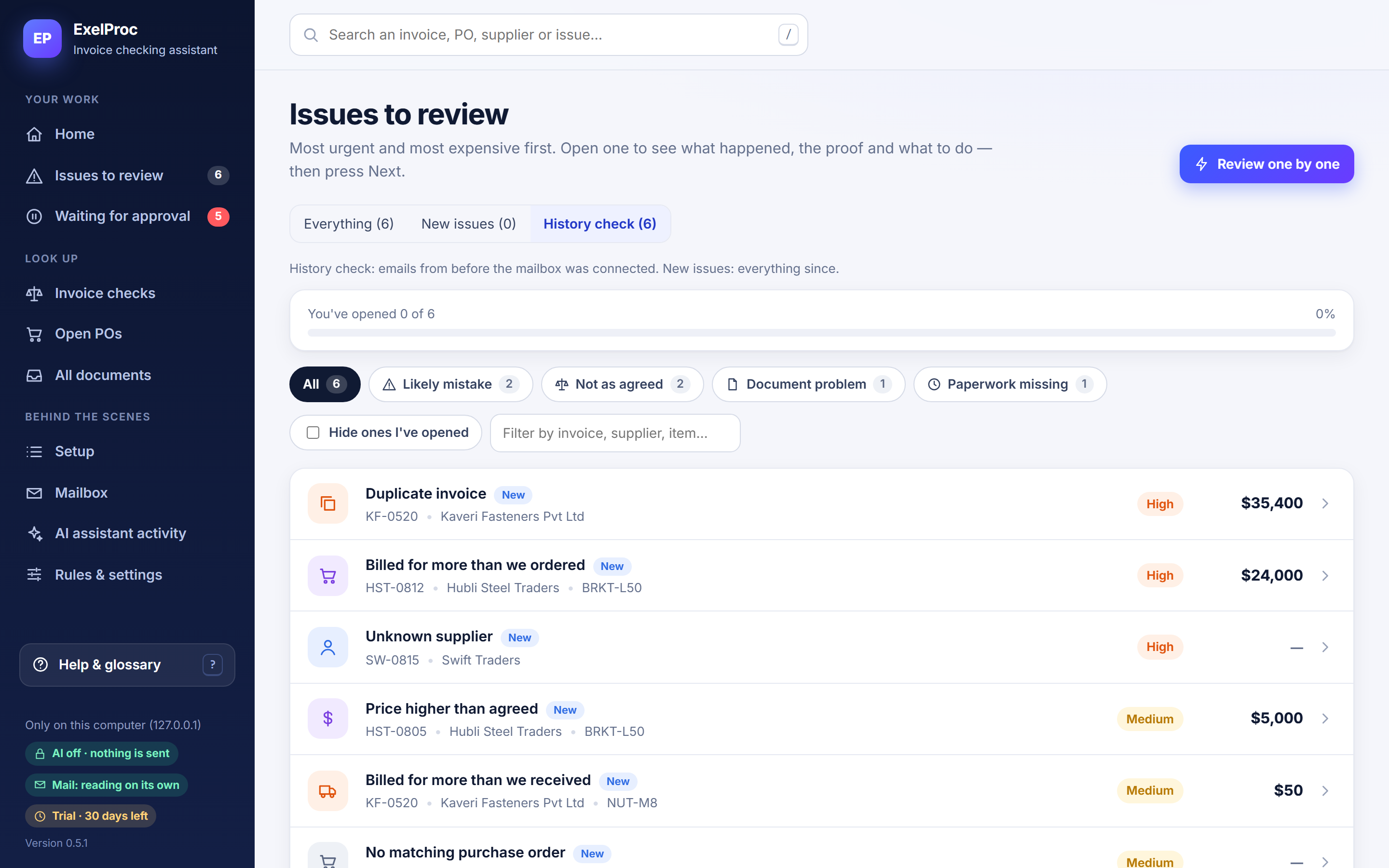 Issues to review, History check tab, showing a duplicate invoice, billed for more than ordered, unknown supplier and price higher than agreed.
