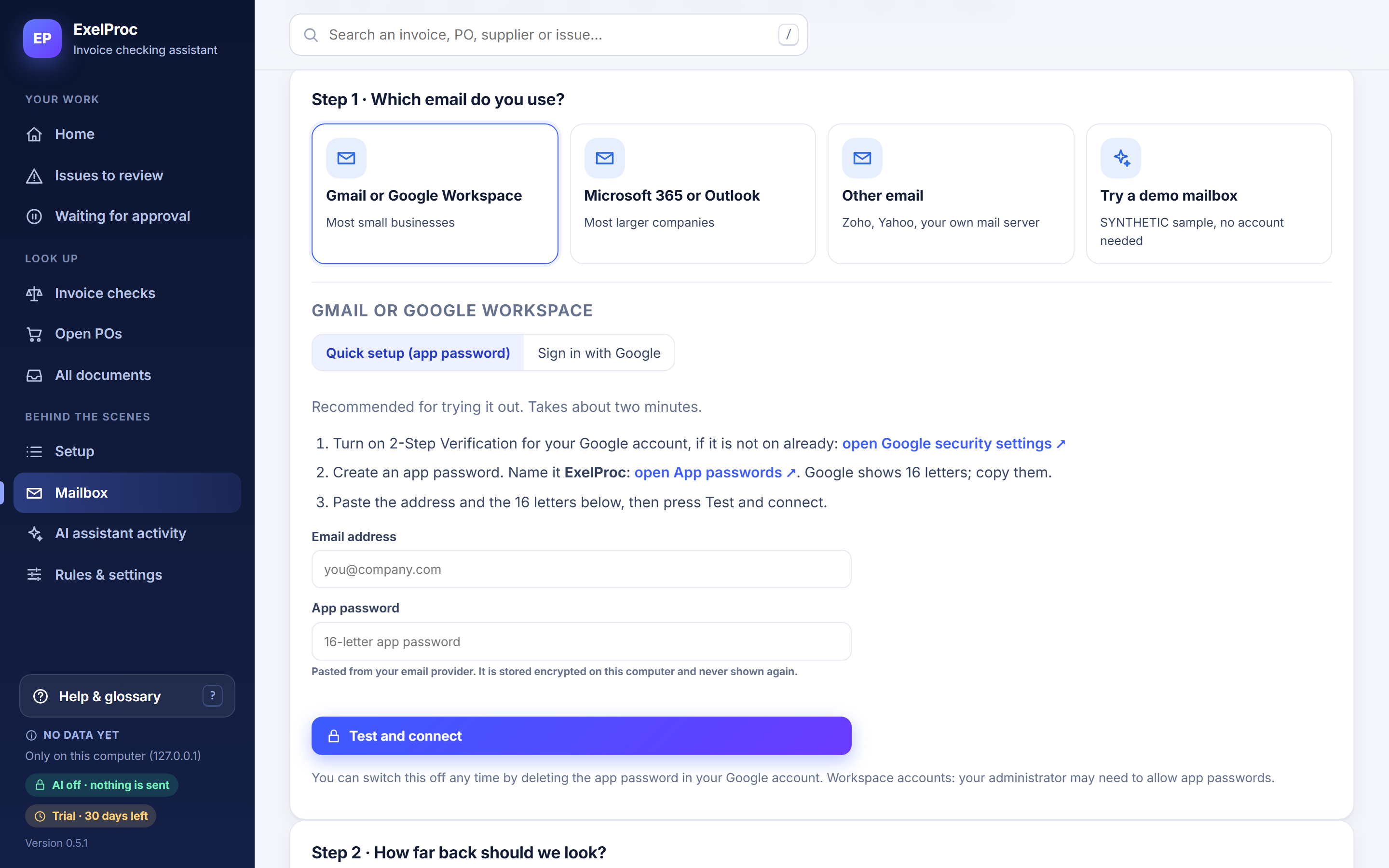 Mailbox setup: Gmail or Google Workspace, Microsoft 365 or Outlook, other email, or try a demo mailbox; quick setup with an app password.